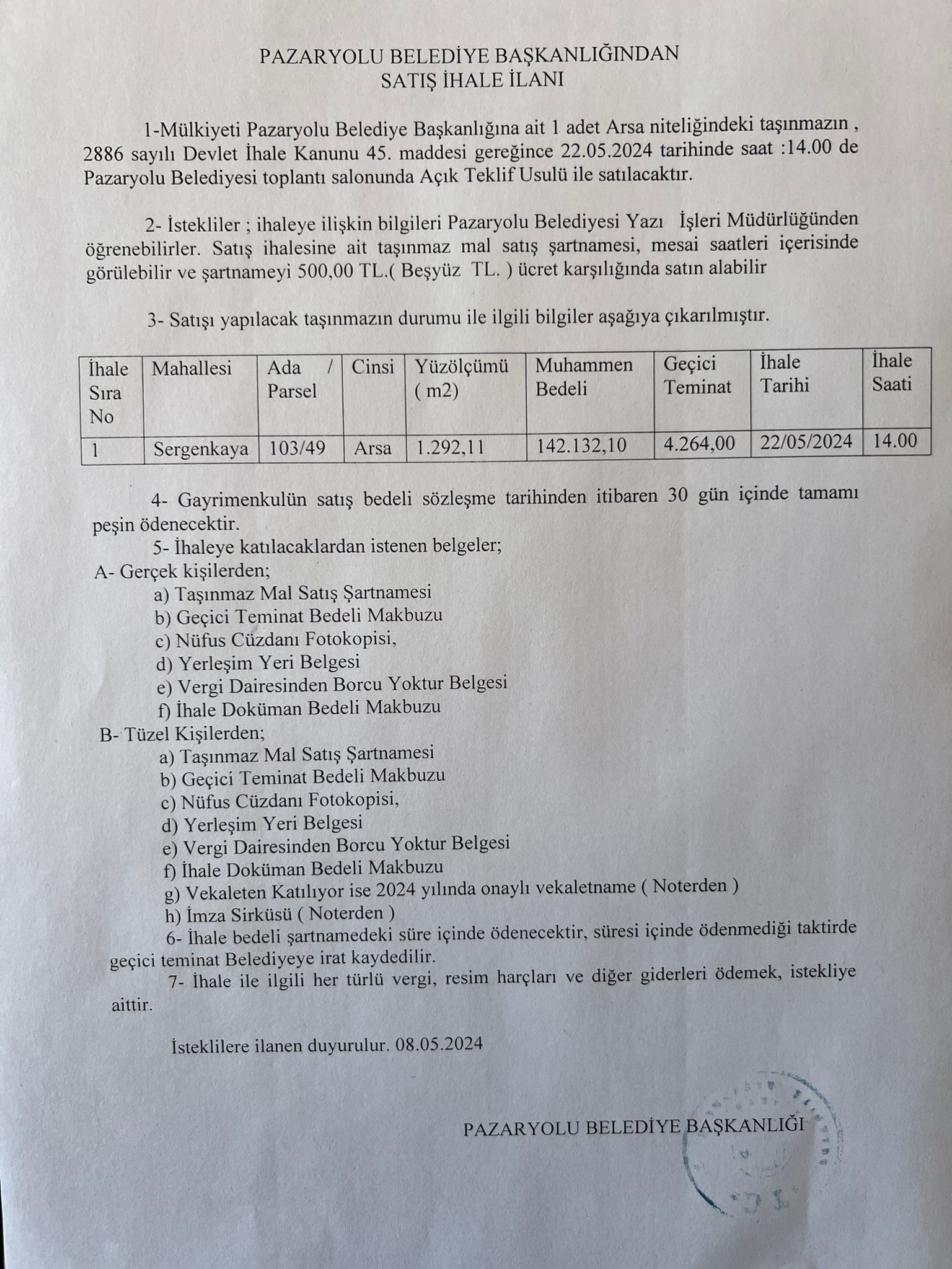 SERGENKAYA MAHALLESİ ARSA SATIŞ İLANI 