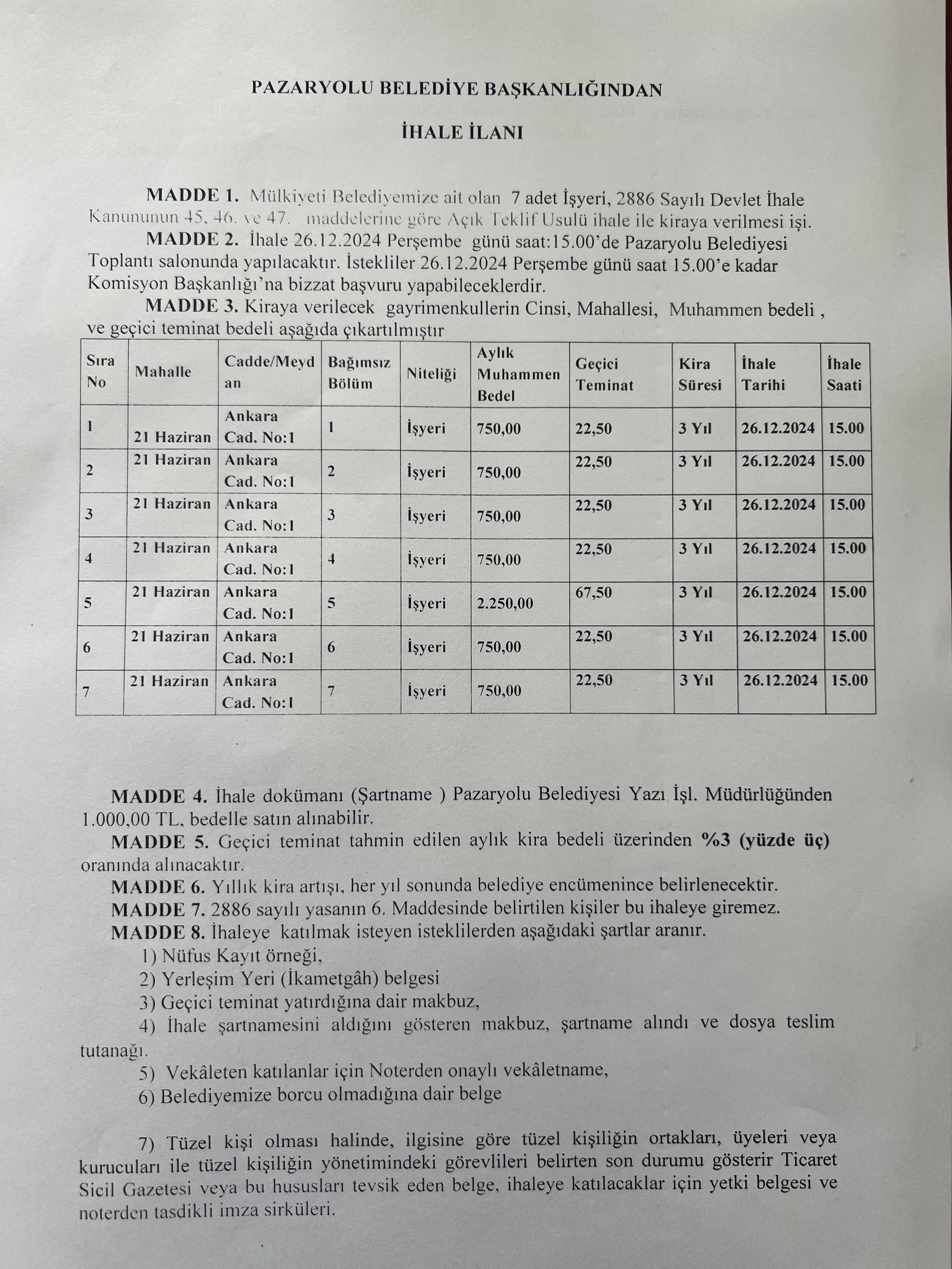 İŞ YERİ AÇIK TEKLİF USULU KİRAYA VERİLMESİ