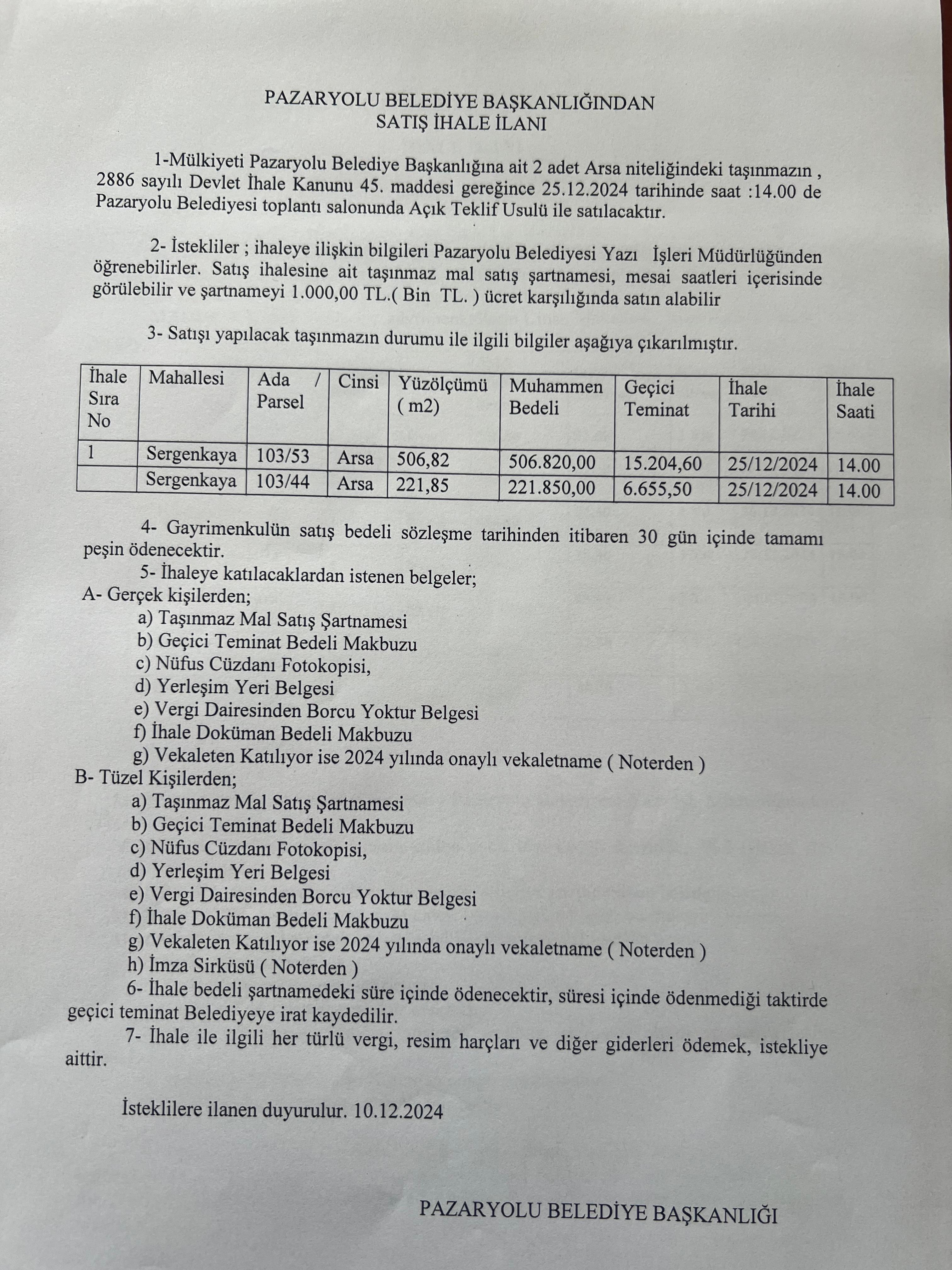 SERGENKAYA MAHALLESİ 2 ADET ARSA SATIŞ İLANI 